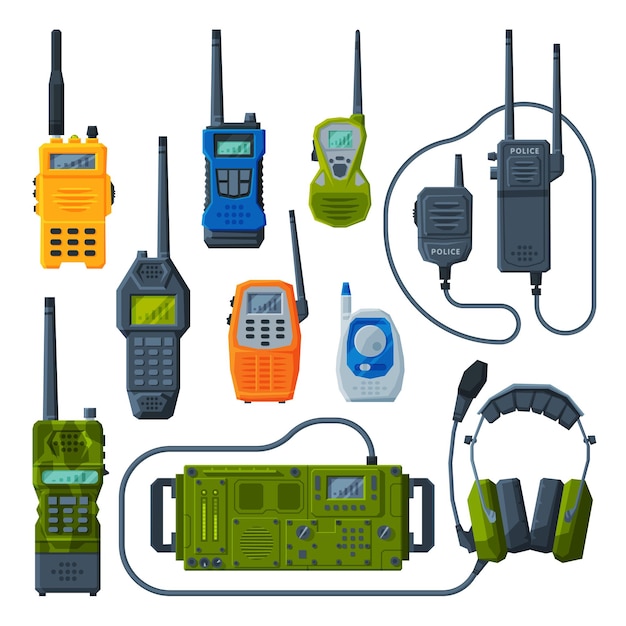 Vecteur collection d'émetteurs radio appareils portables portables modernes walkie talkie illustration vectorielle plate