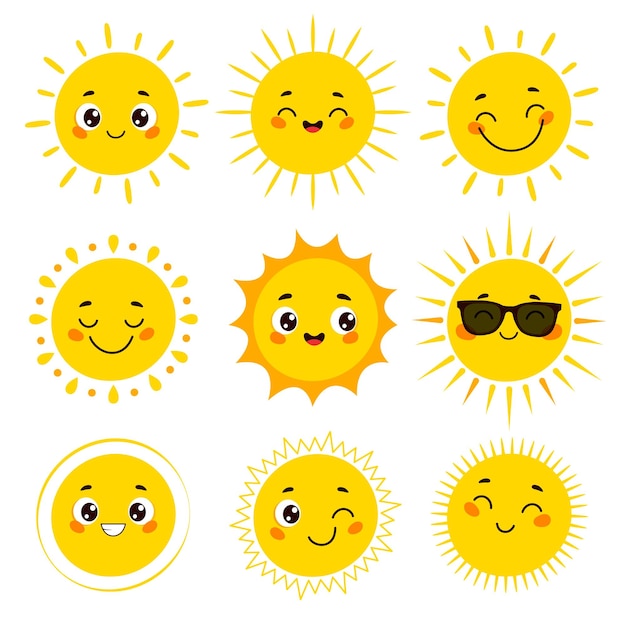 Collection D'emoji De Soleil De Dessin Animé Mignon Ensemble Vectoriel De Visages Souriants Ensoleillés