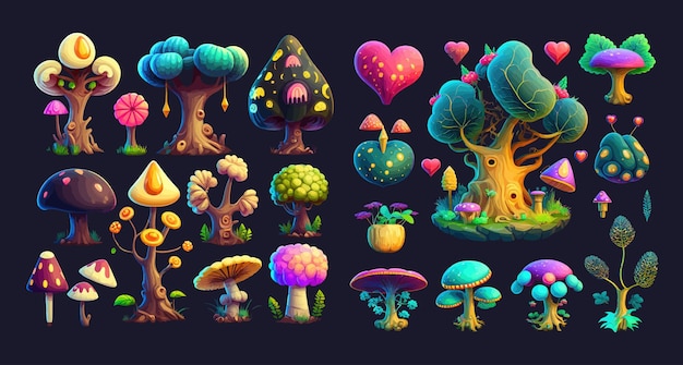 Une Collection Enchanteuse De Champignons Fantastiques Colorés Et D'éléments Magiques De La Forêt