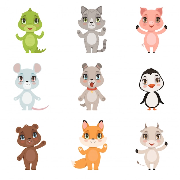Collection D Enfants Animaux Crocodile Sauvage Ours Pingouin Renard Domestique Peu Mignon Drole Bebe Animaux Chien Chat Chevre Cochon Caracteres Isoles Vecteur Premium
