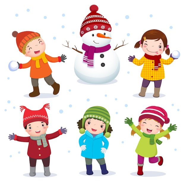 collection d'enfants avec bonhomme de neige en costume d'hiver