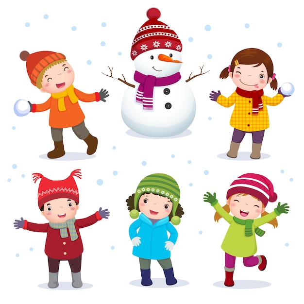 Collection D'enfants Avec Bonhomme De Neige En Costume D'hiver