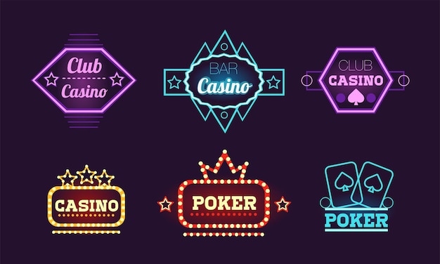 Collection d'enseignes au néon casino bar poker club modèles de conception de logo lumineux illustration vectorielle conception de sites Web