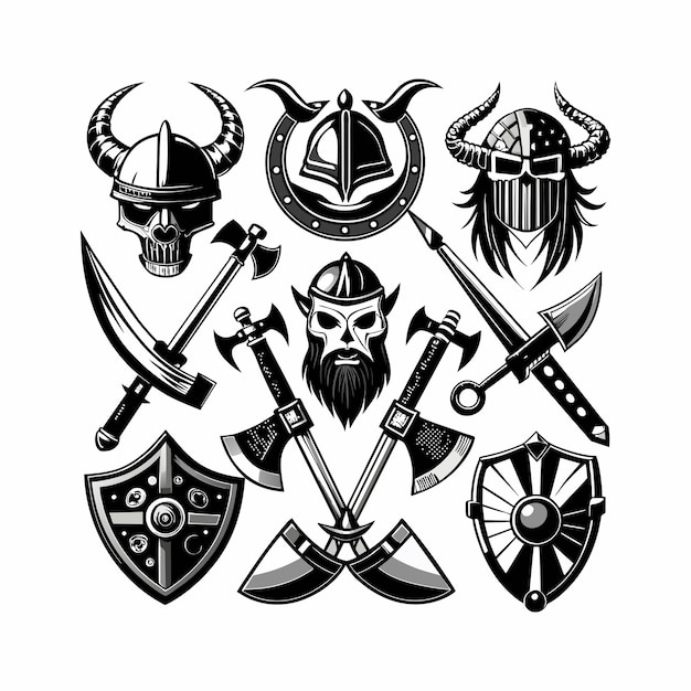 une collection d'épées et d'armure avec un crâne et des épées