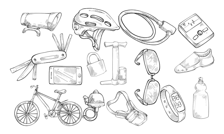 Vecteur collection d'équipements cyclables dessinés à la main