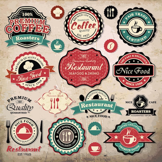Collection d'étiquettes, de badges et d'icônes de café et de restaurant grunge rétro vintage.