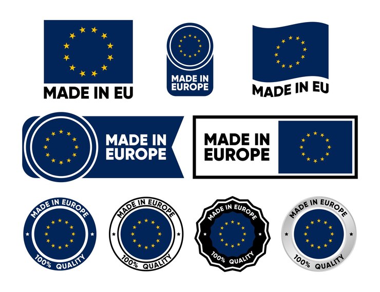 Collection d'étiquettes fabriquées en Europe Ensemble de timbres plats isolés fabriqués dans l'UE 100% de qualité