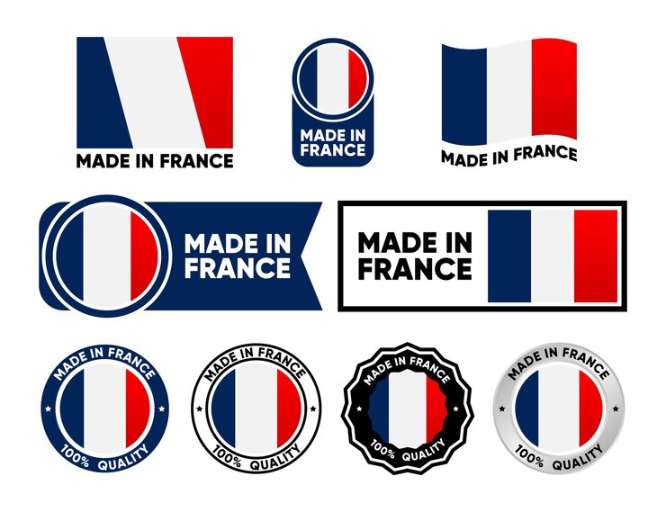Collection d'étiquettes fabriquées en France Ensemble de timbres plats isolés fabriqués en France 100% de qualité