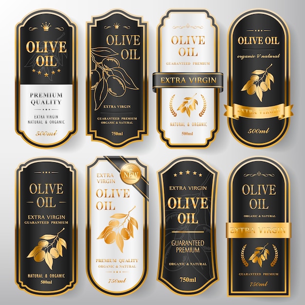 Vecteur collection d'étiquettes d'huile d'olive haut de gamme élégantes sur blanc perle