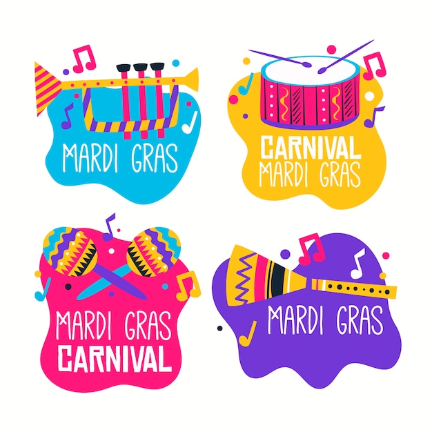 Collection d'étiquettes de mardi gras avec des instruments de musique