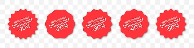 Vecteur collection d'étiquettes d'offre spéciale ensemble d'étiquettes de réduction rouges avec bannières de vente d'ombre avec pourcentage