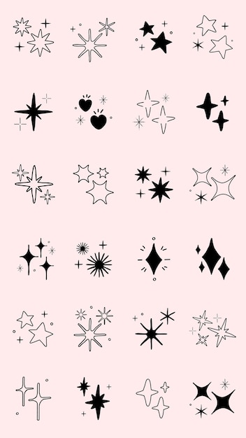 Une collection de étoiles noires et de cartouches de cœur sur un fond rose Diverses formes d'étoiles et de cœurs Des étoiles et des cœurs dans des motifs artistiques ludiques