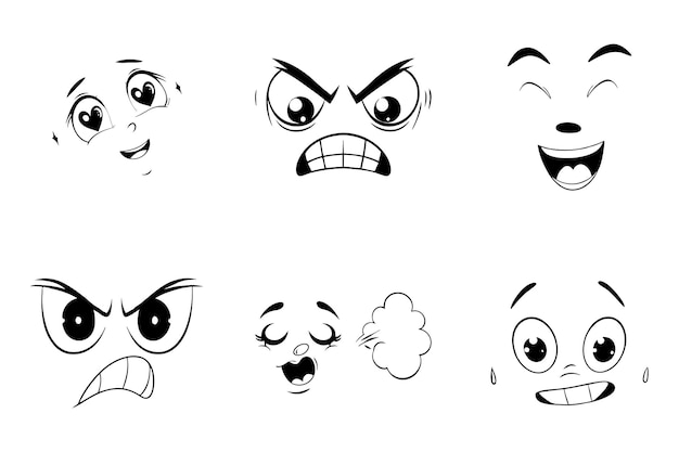 Collection d'expressions faciales dessinées à la main, d'icônes et d'illustrations isolées