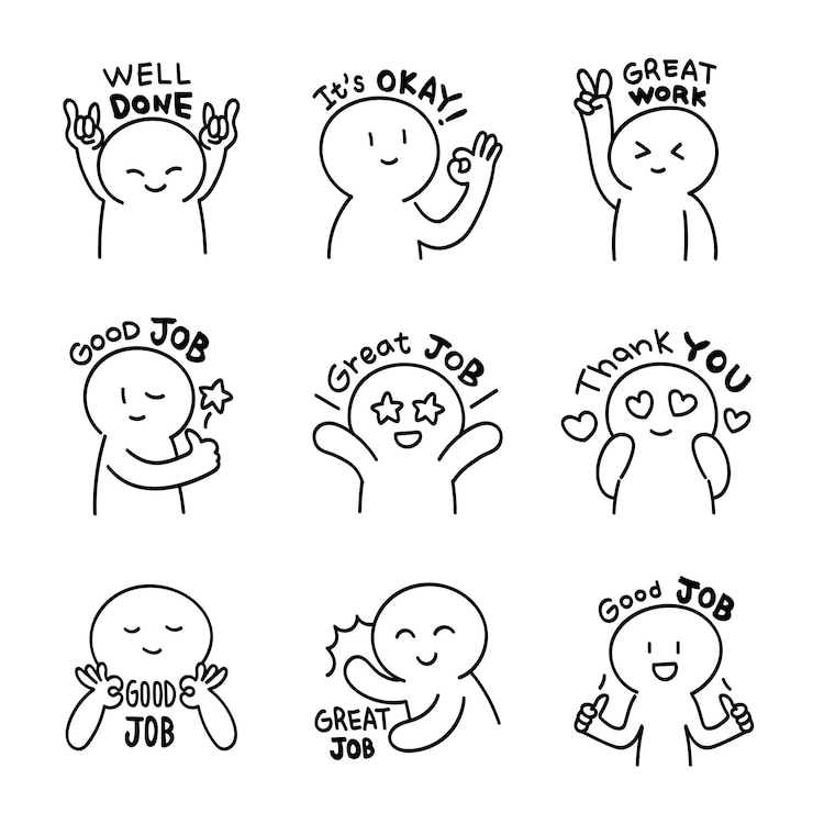 Vecteur collection d'expressions et de phrases de caractères positifs dans le style de doodle