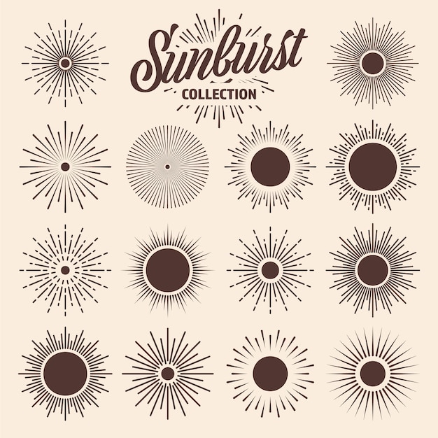 Vecteur collection de faisceaux de coucher de soleil vintage dessinés à la main rayons de lumière du soleil éclatants logotype ou lettres