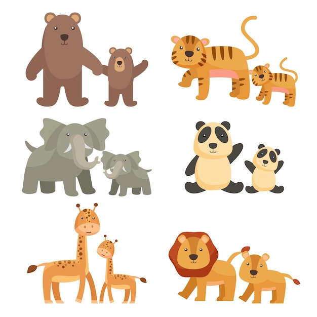 Vecteur collection de famille d'animaux dans le personnage de dessin animé de concept de fête des mères ou des pères avec ours tigre éléphant panda lion et girafe illustration vectorielle plane