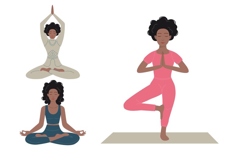 Vecteur une collection de femmes afro-américaines assises dans la pose du lotus du yoga