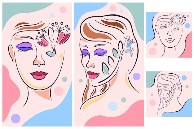 Vecteur collection femmes fait face aux couleurs postel de la ligne d'art pour le format des médias sociaux