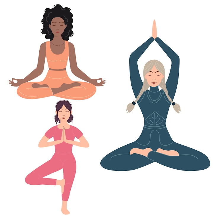 Vecteur une collection de femmes internationales assises dans une posture de yoga