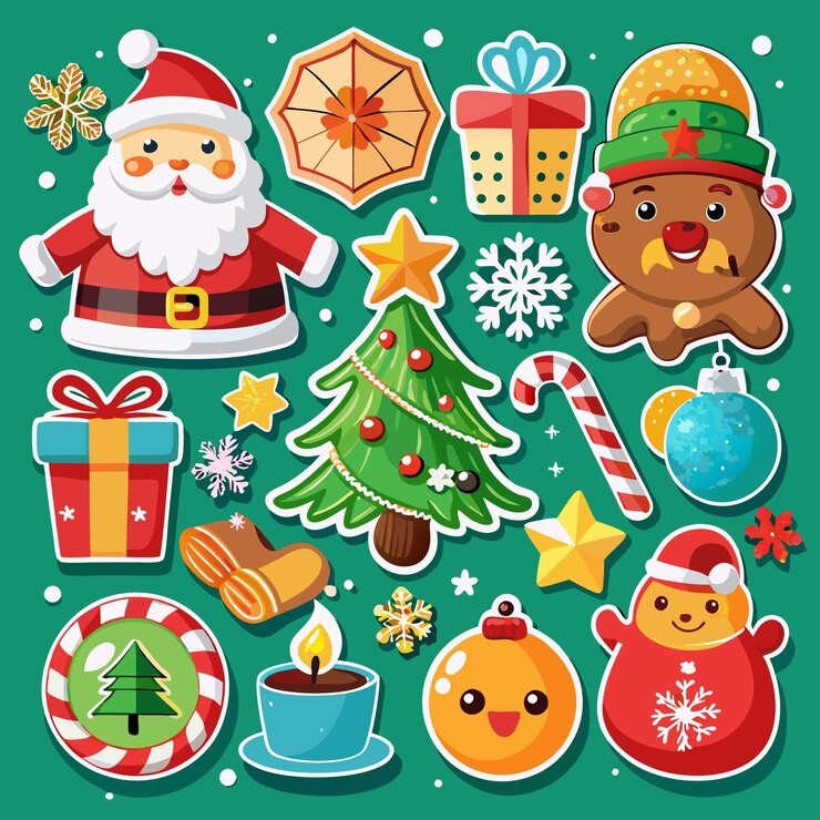 Vecteur une collection festive d'autocollants de noël mettant en vedette le père noël un arbre de noël présente des cannes de bonbons des ornements et un homme de pain d'épice