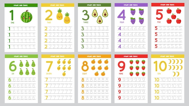 Collection de flashcards pour apprendre les nombres pour les enfants. Fruits mignons.