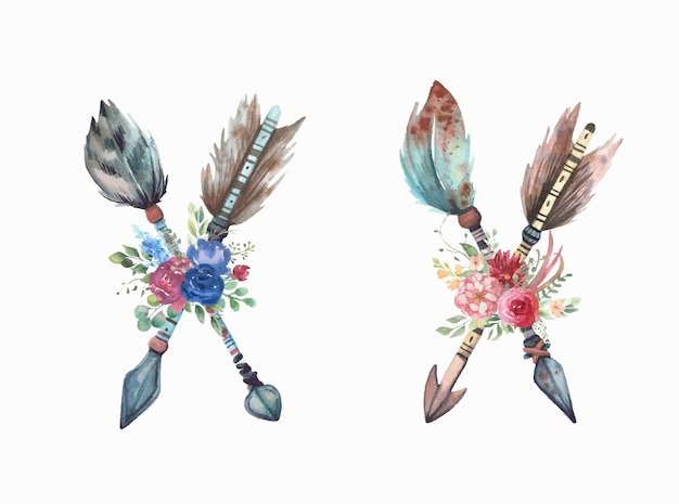 Collection de flèches aquarelle avec bouquet floral.
