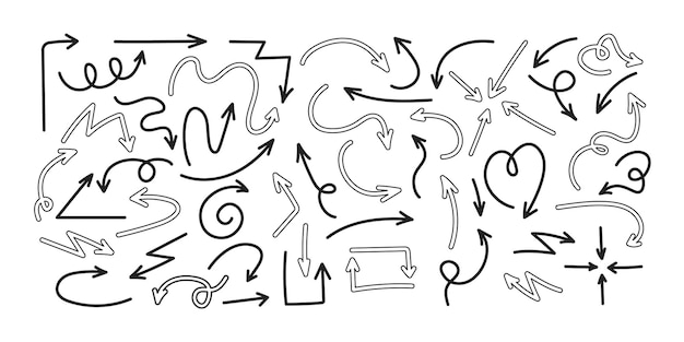 Collection de flèches noires dessinées à la main Set de flèchs griffonnées dans des lignes symbole Illustration vectorielle simple
