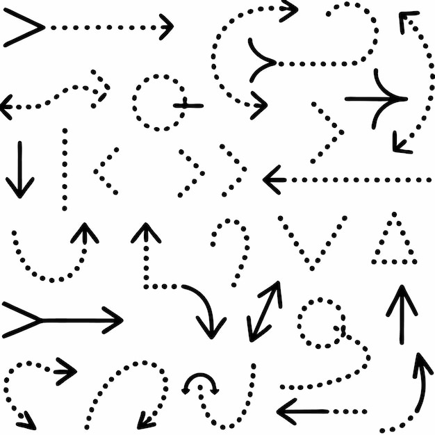 Collection de flèches pointillées dessinées à la main pointant dans différentes directions