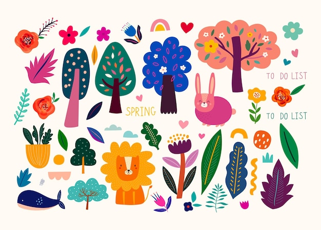 Vecteur collection avec des fleurs, des arbres, des feuilles et des animaux. autocollants et griffonnages colorés décoratifs. illustration moderne dessinée à la main