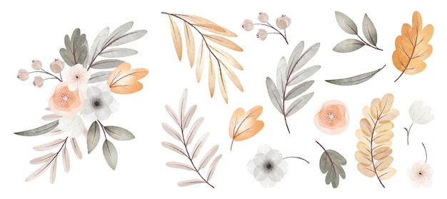 Collection de fleurs et de feuilles d'automne aquarelle avec bouquet