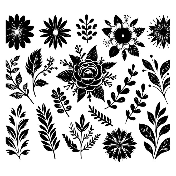 Vecteur une collection de fleurs noires et blanches et de feuillesclip art florales vecteur noir et blanc sur blanc