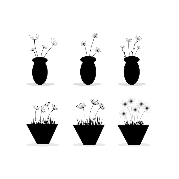 Collection De Fleurs De Pissenlit En Pot Et Vase Silhouette