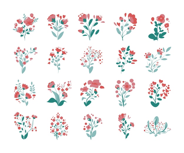 Vecteur collection de fleurs roses set illustration style plat