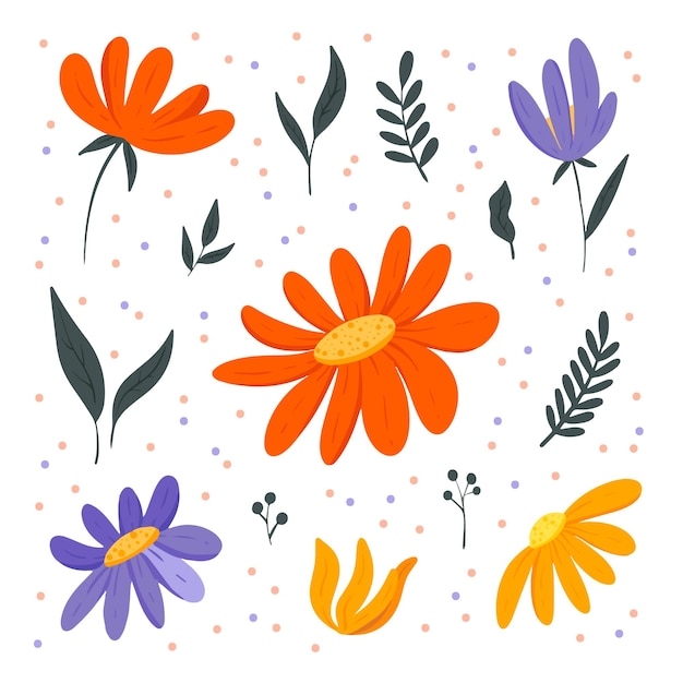 Vecteur collection de fleurs vectrices isolées sur des fleurs blanches orange et violettes