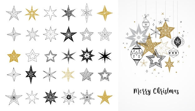 Collection De Flocons De Neige, étoiles, Décorations De Noël, Illustrations Dessinées à La Main