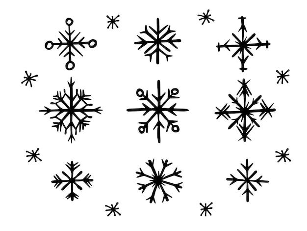 Collection de flocons de neige noirs et blancs dans un style dessiné à la main doodle