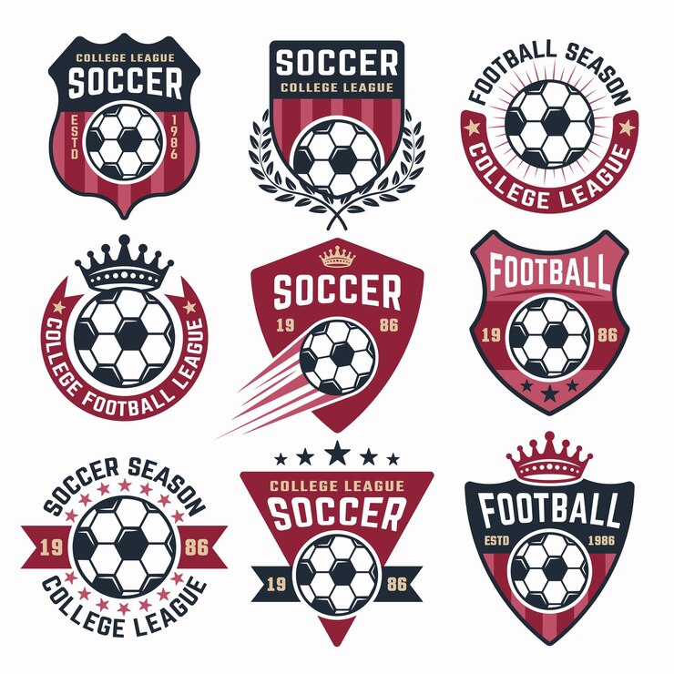 Collection de football de neuf emblèmes colorés, autocollants, badges ou étiquettes