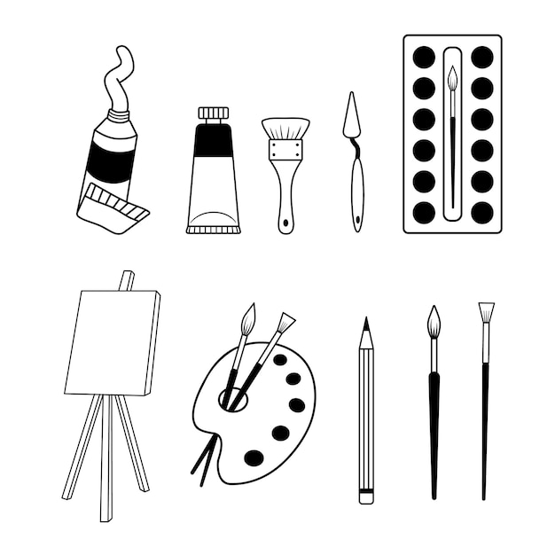 Vecteur collection de fournitures d'artiste ensemble d'outils d'art différents peinture brushe chevalet couteau à palette crayon accessoires de peintre illustration de contour vectoriel isolé sur blanc