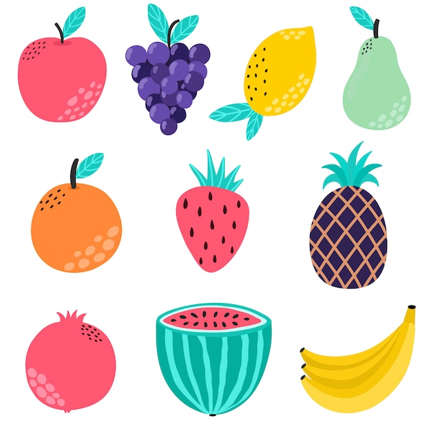 Collection De Fruits Dessinés à La Main. éléments Isolés. Ensemble D'aliments Sains Avec Fraise, Pomme, Raisin, Citron, Banane, Pastèque, Orange, Grenade, Ananas, Poire. Illustration