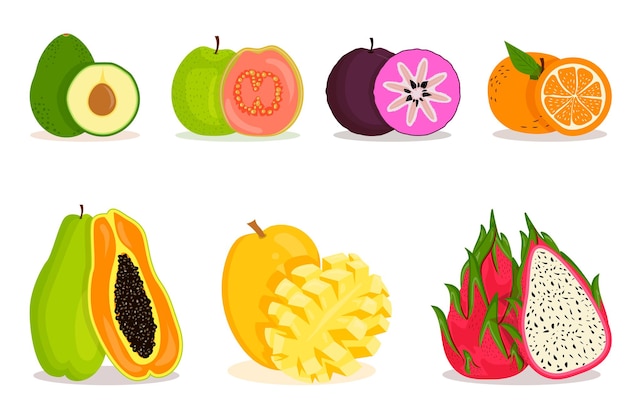 Collection de fruits exotiques tropicaux, entiers et en coupe. Ensemble d'éléments appariés