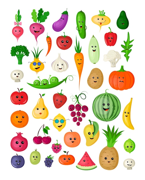 Collection De Fruits Et Légumes Colorés De Dessin Animé Drôle