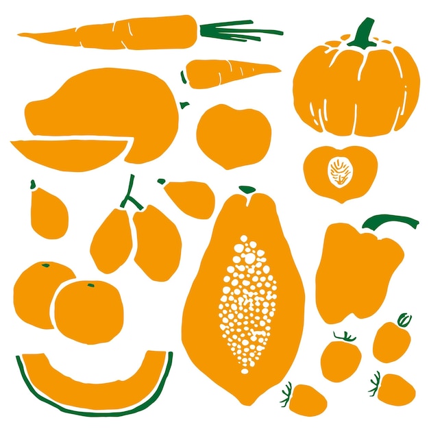 Collection De Fruits Et Légumes Orange Dessinés à La Main