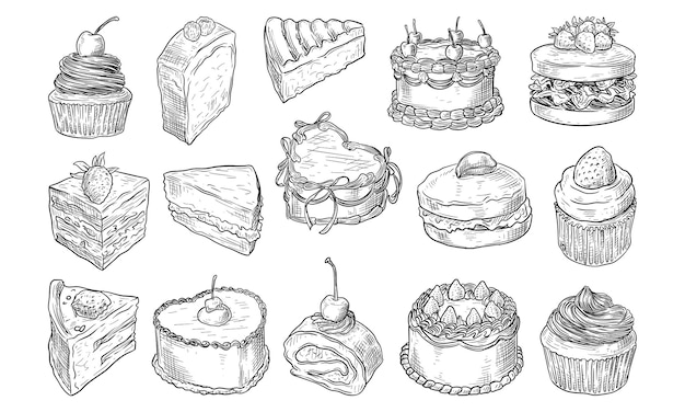 Collection de gâteaux de dessert desserts dessinés à la main
