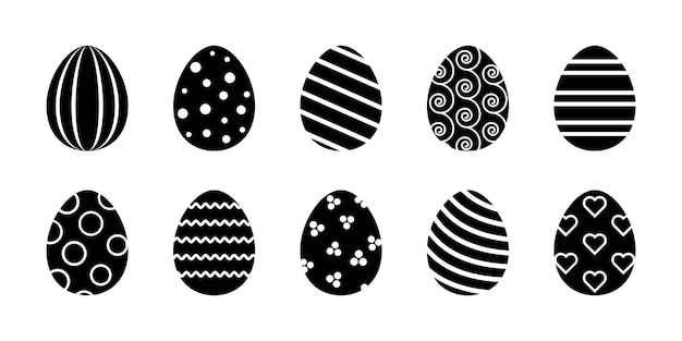 Collection de glyphes d'oeufs de Pâques vectoriels Ensemble de stapms en caoutchouc noir avec des oeufs décorés