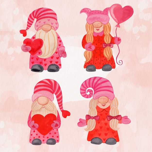 Vecteur collection de gnomes aquarelle pour la saint-valentin
