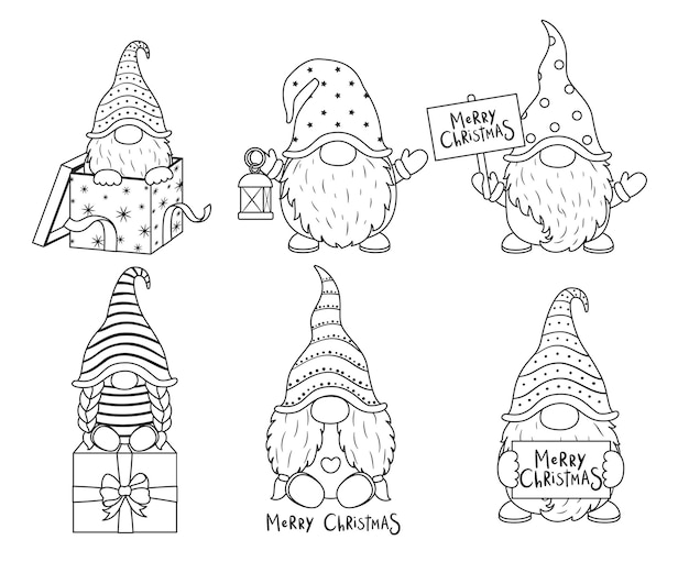 Vecteur une collection de gnomes de dessins animés mignons. illustration vectorielle noir et blanc pour un livre de coloriage. dessin de contours.