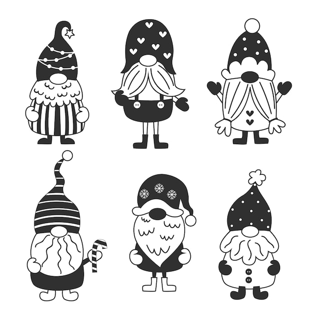 Vecteur collection de gnomes de noël noirs. illustration vectorielle pour cartes de voeux, invitations de noël et scrapbooking