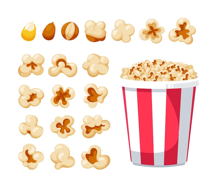 Vecteur collection de graines de pop-corn de différentes formes ensemble de friandises moelleuses et savoureuses et seau en papier avec pop-corn