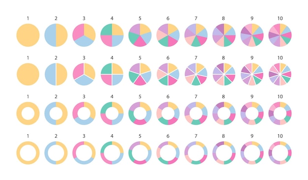 Vecteur collection de graphiques à cercles colorés modèle de diagramme à pie à segments multicolores graphique de structure circulaire