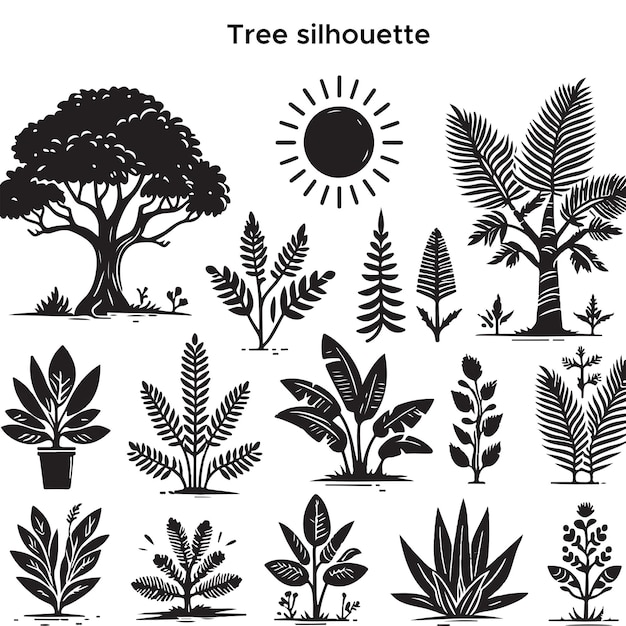 Vecteur collection gratuite de silhouettes d'arbres dessinées à la main avec un fond blanc